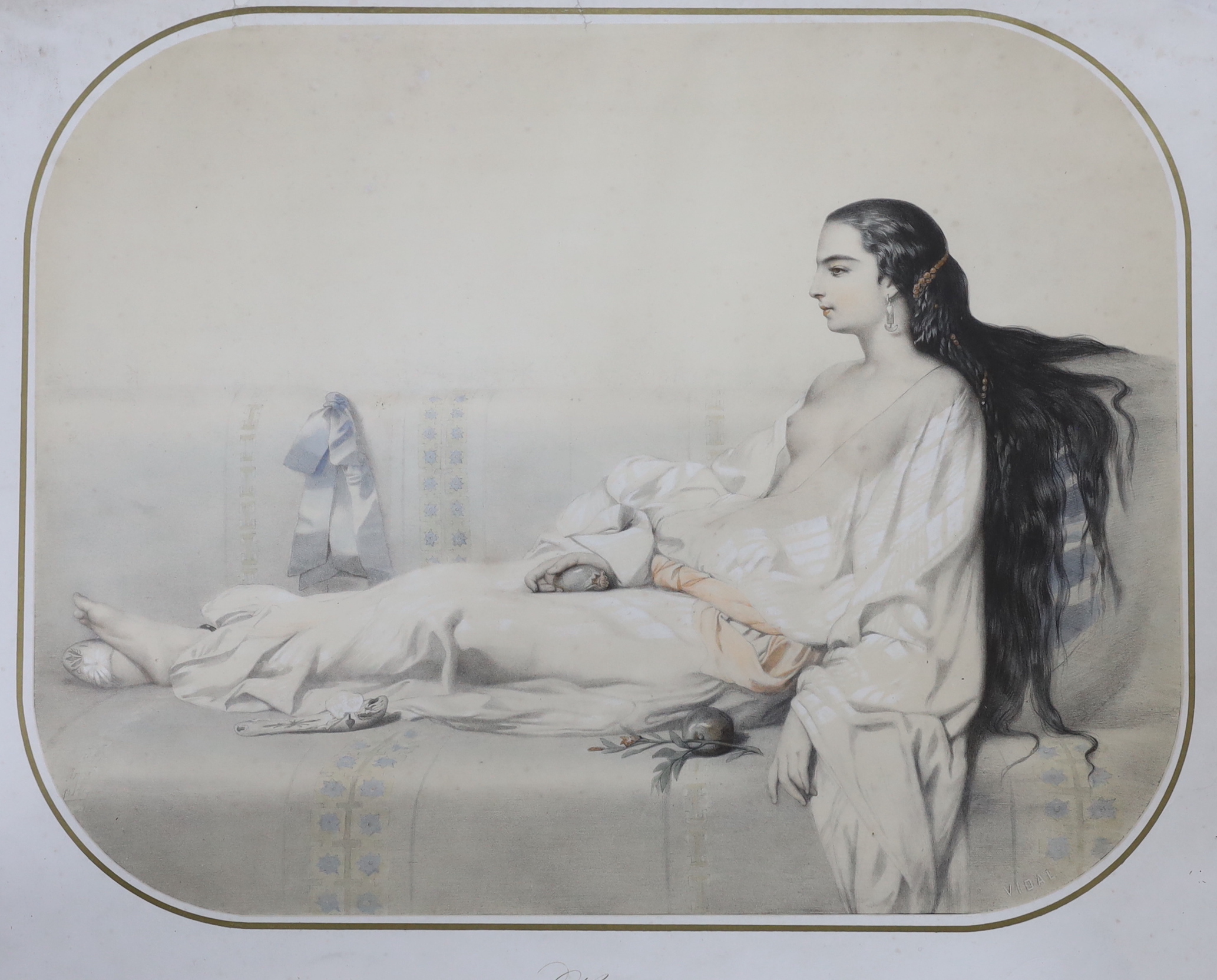 After Vidal, pair of French colour lithographs, Reclining semi-nude beauties, one blind stamped, each 42 x 52cm